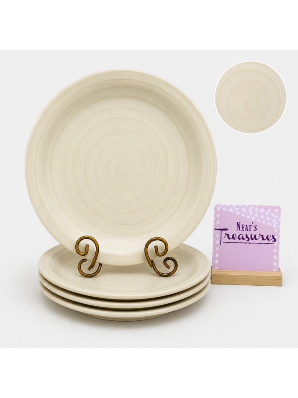Citrus Grove BEIGE SANDSTONE SWIRL Hand Paint Stoneware Dinner Plates Set Of 4
